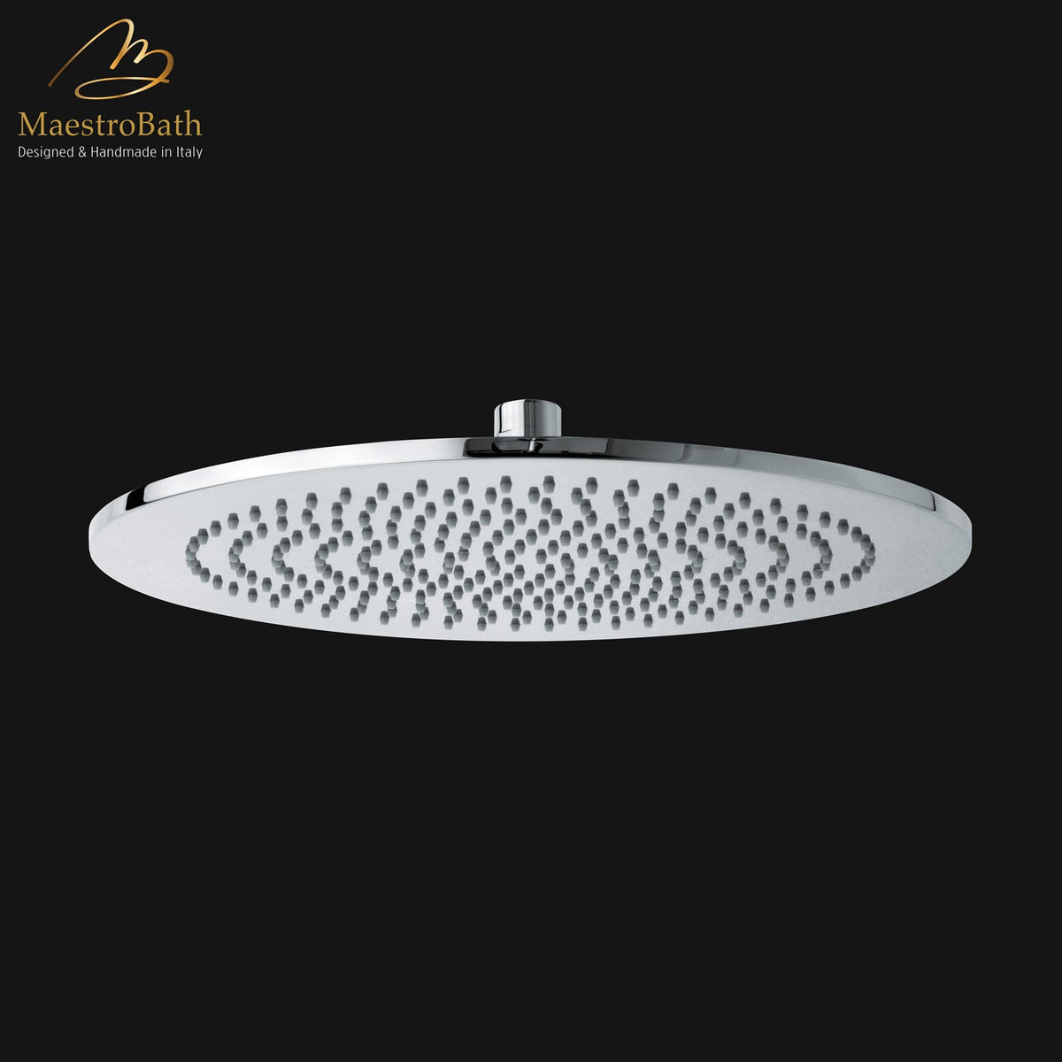 Round brass shower head, shown in polished chrome, 11.8 inch by 11.8 inch by 2.2 inch, made of solid brass