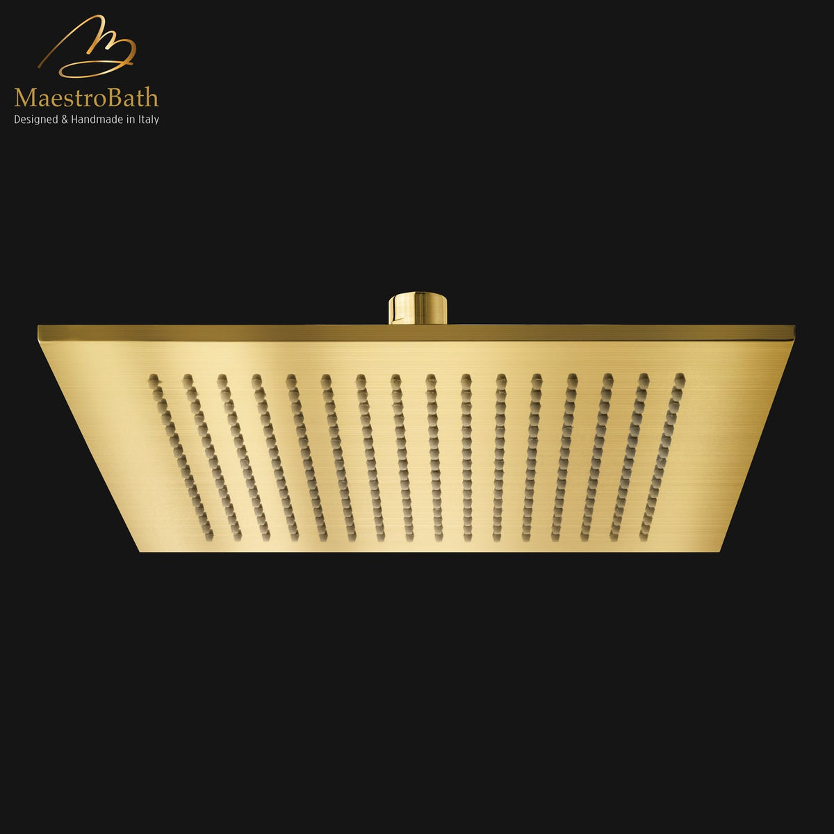 Square brass shower head, shown in brushed gold, 11.8 inch by 11.8 inch, made of solid brass