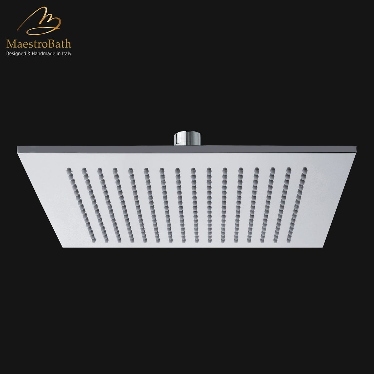 Square brass shower head, shown in polished chrome, 11.8 inch by 11.8 inch, made of solid brass