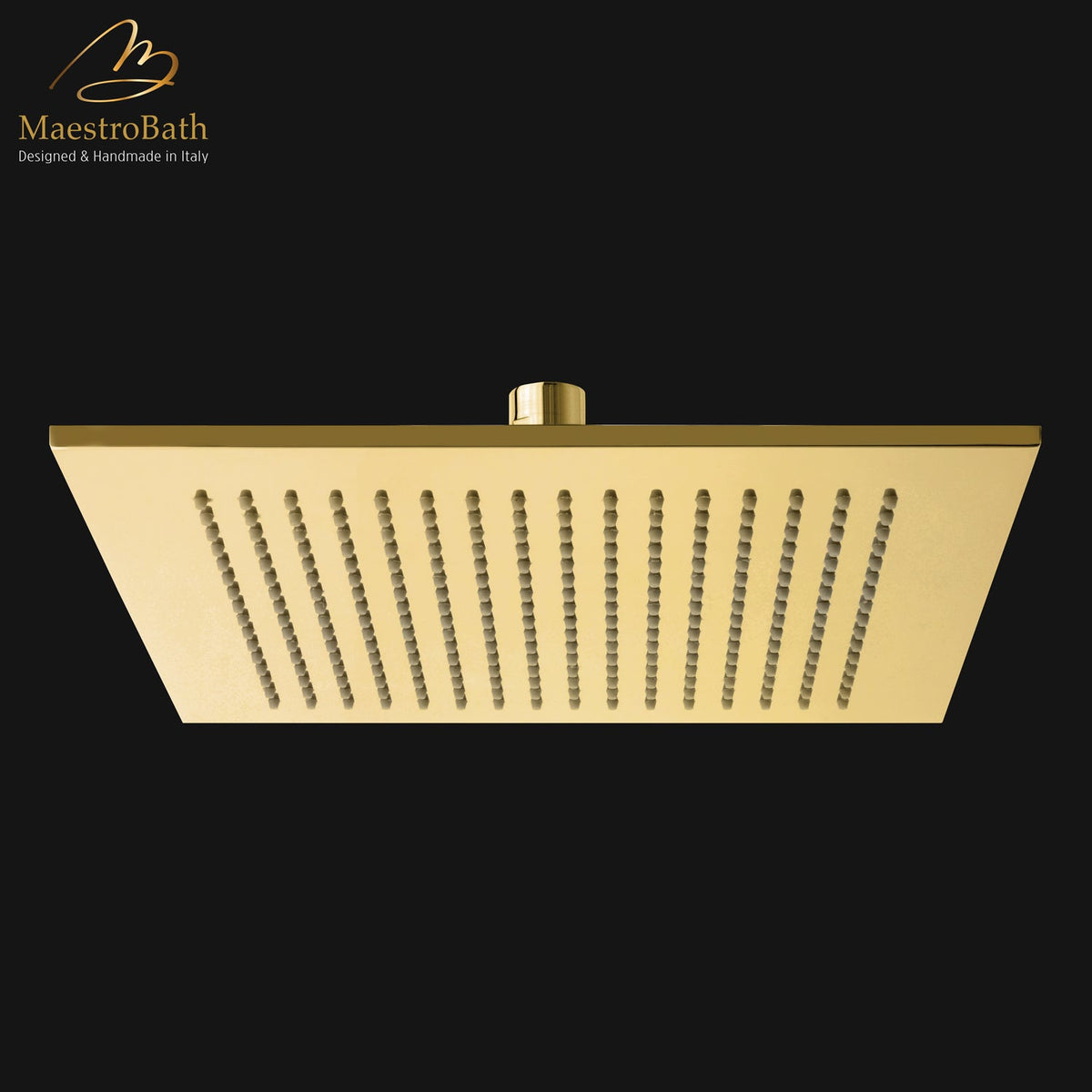 Square brass shower head, shown in polished gold, 11.8 inch by 11.8 inch, made of solid brass