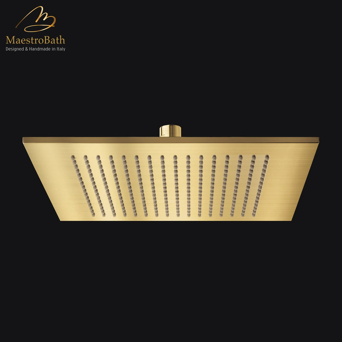 Square brass shower head, shown in brushed gold, 15.7 inch by 15.7 inch, made of solid brass