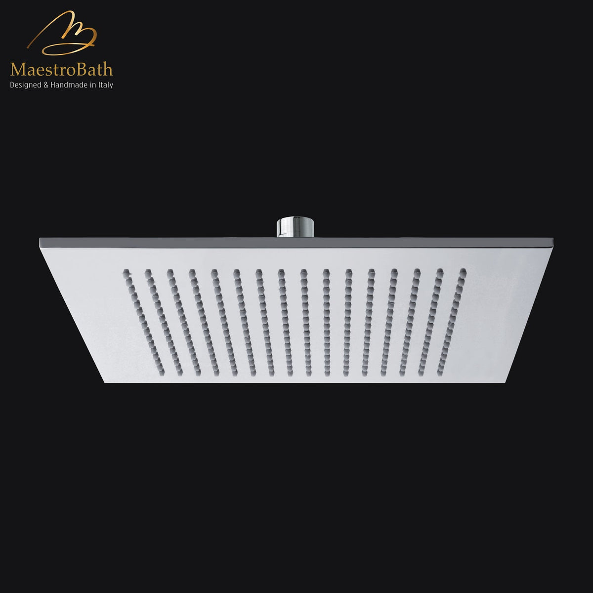 Square brass shower head, shown in polished chrome, 15.7 inch by 15.7 inch, made of solid brass