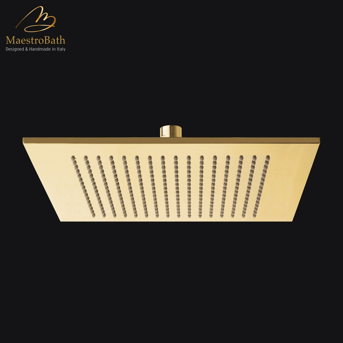 Square brass shower head, shown in polished gold, 15.7 inch by 15.7 inch, made of solid brass