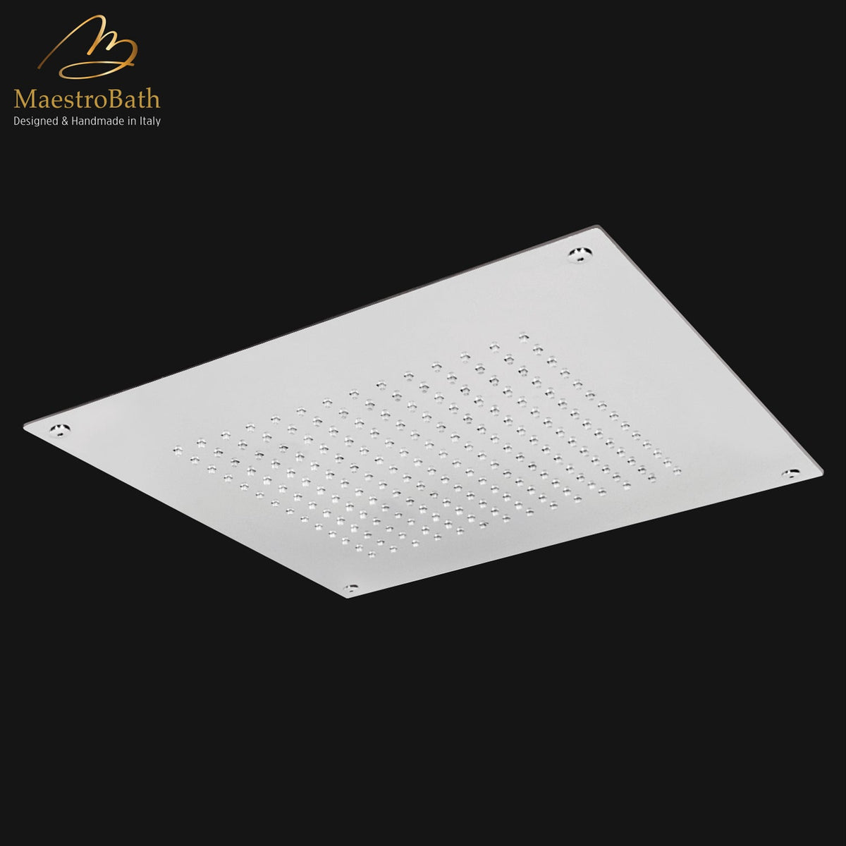 Brass shower head, shown in polished chrome, 15.7 inch by 15.7 inch, made of solid brass