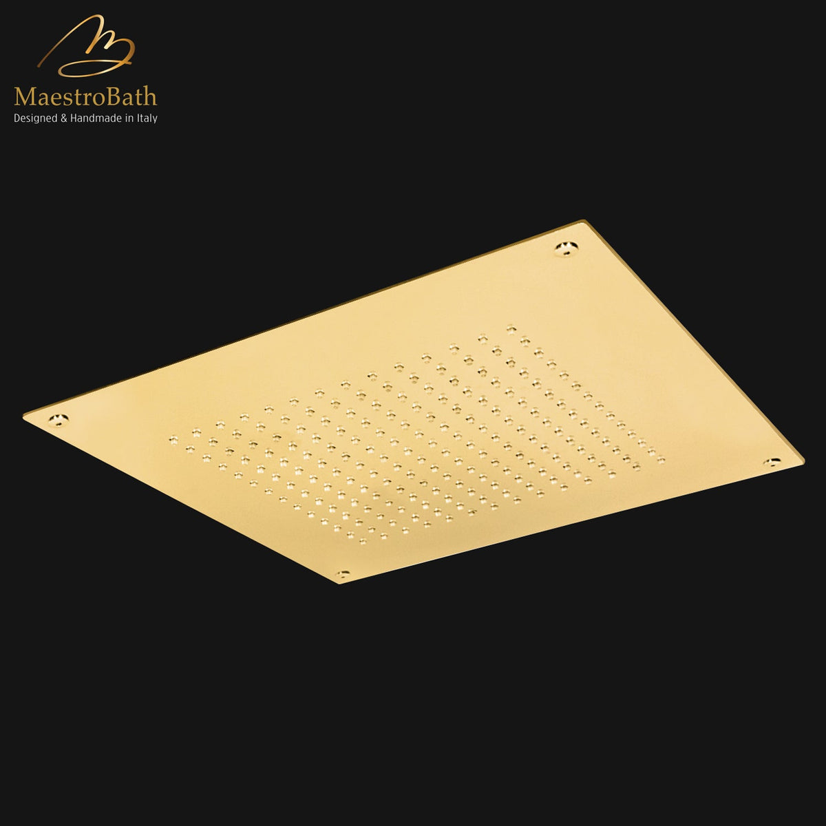 Brass shower head, shown in polished gold, 15.7 inch by 15.7 inch, made of solid brass