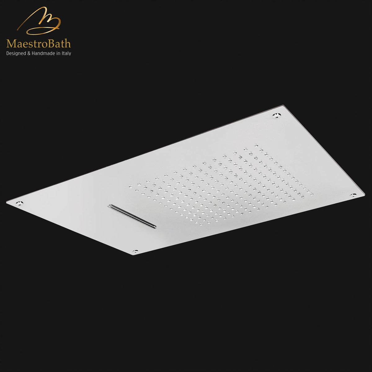 Brass shower head, shown in polished chrome, 21.6 inch by 15.7 inch, made of solid brass