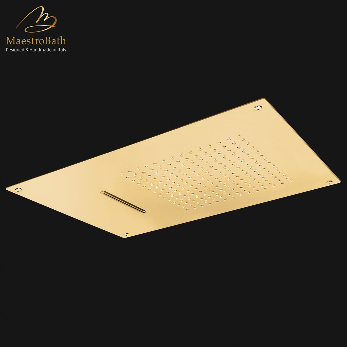 Brass shower head, shown in polished gold, 21.6 inch by 15.7 inch, made of solid brass