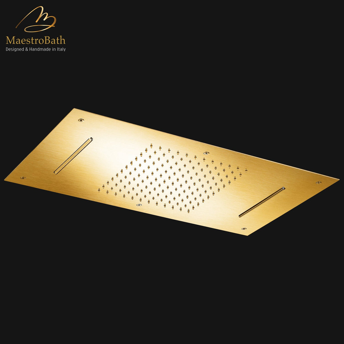 Brass shower head, shown in brushed gold, 27.5 inch by 14.9 inch by 2.4 inch, made of solid brass