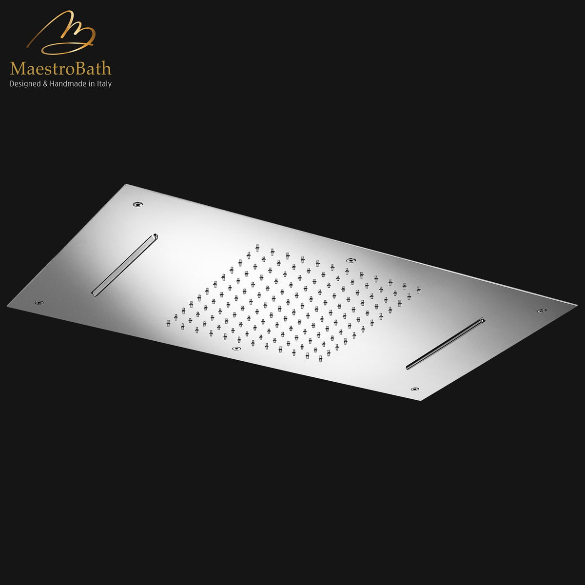 Brass shower head, shown in polished chrome, 27.5 inch by 14.9 inch by 2.4 inch, made of solid brass