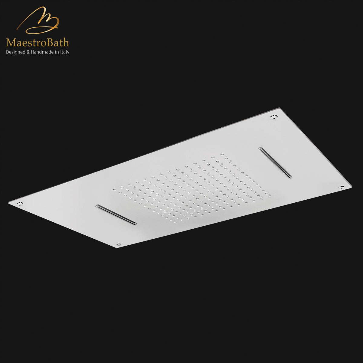 Brass shower head, shown in polished chrome, 27.5 inch by 15.7 inch, made of solid brass