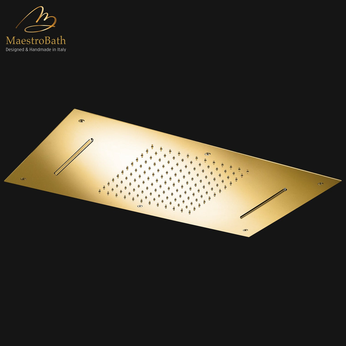 Recessed ceiling rain shower head in brass, shown in polished gold, 27.5 inch by 14.5 inch