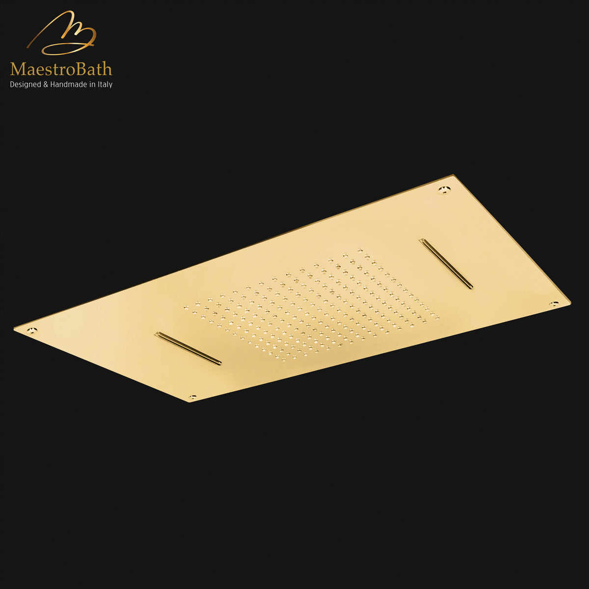 Brass shower head, shown in polished gold, 27.5 inch by 15.7 inch, made of solid brass