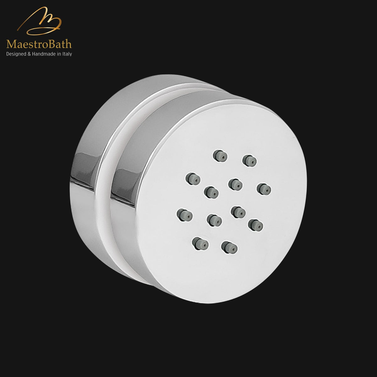 Wall mounted round brass lateral body jet, shown in polished chrome, 2.5 inch by 2.5 inch, made of solid brass