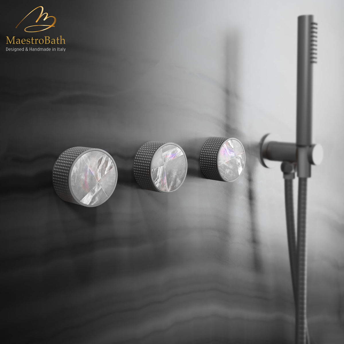 Built in lead-free brass and semiprecious stone concealed shower diverter, shown in chrome, 1.2 inch by 1.2 inch