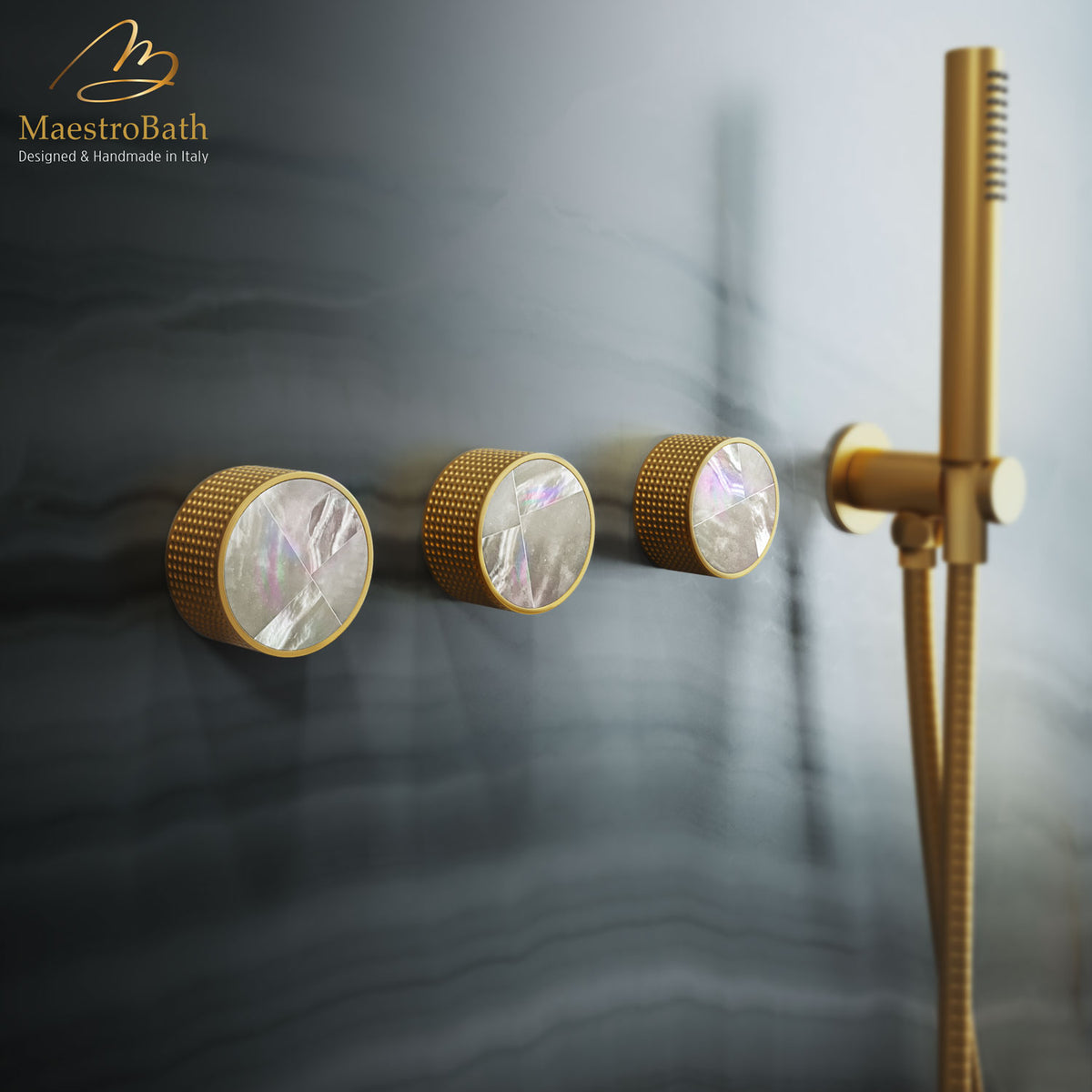 Built in lead-free brass and semiprecious stone concealed shower diverter, shown in gold, 1.2 inch by 1.2 inch