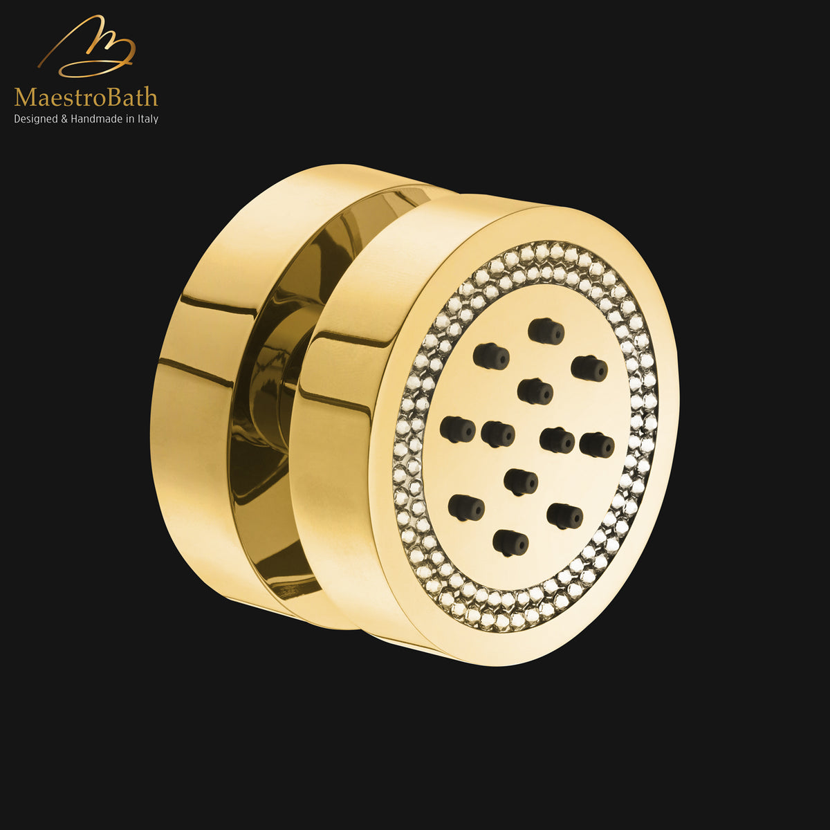 Wall mounted round brass lateral body jet, shown in polished gold, 2.5 inch by 2.5 inch