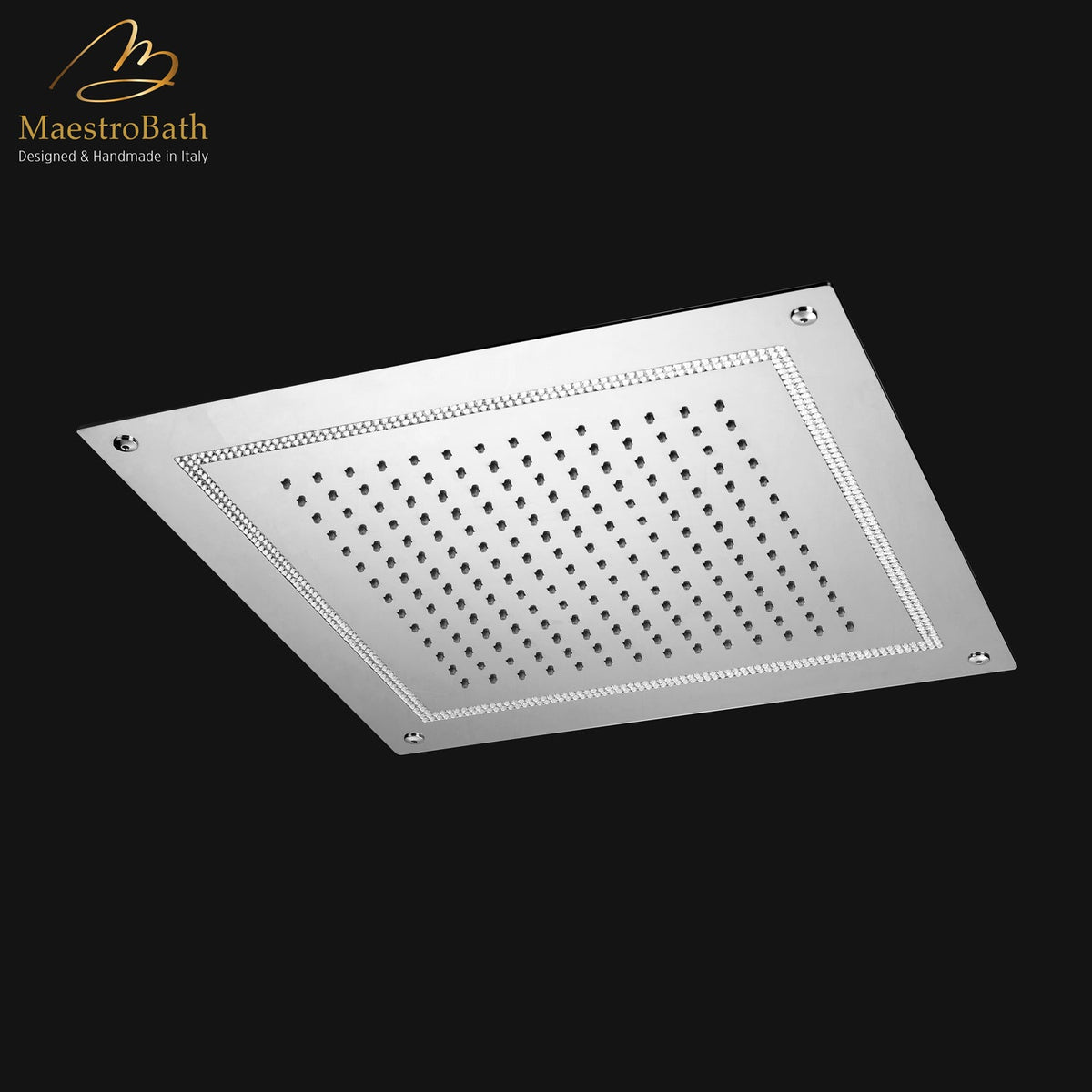 Brass shower head, shown in polished chrome, with Swarovski crystal, 15.7 inch by 15.7 inch, made of solid brass