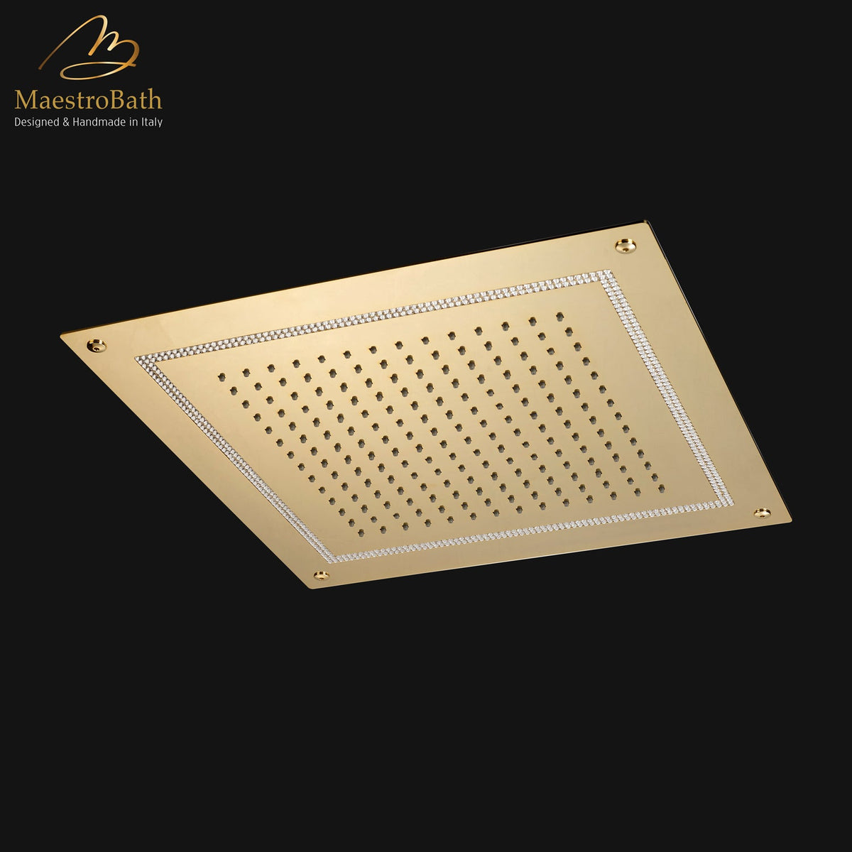 Brass shower head, shown in polished gold, with Swarovski crystal, 15.7 inch by 15.7 inch, made of solid brass