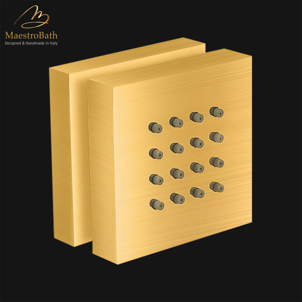 Wall mounted square brass lateral body jet, shown in brushed gold, 2.5 inch by 2.5 inch, made of solid brass