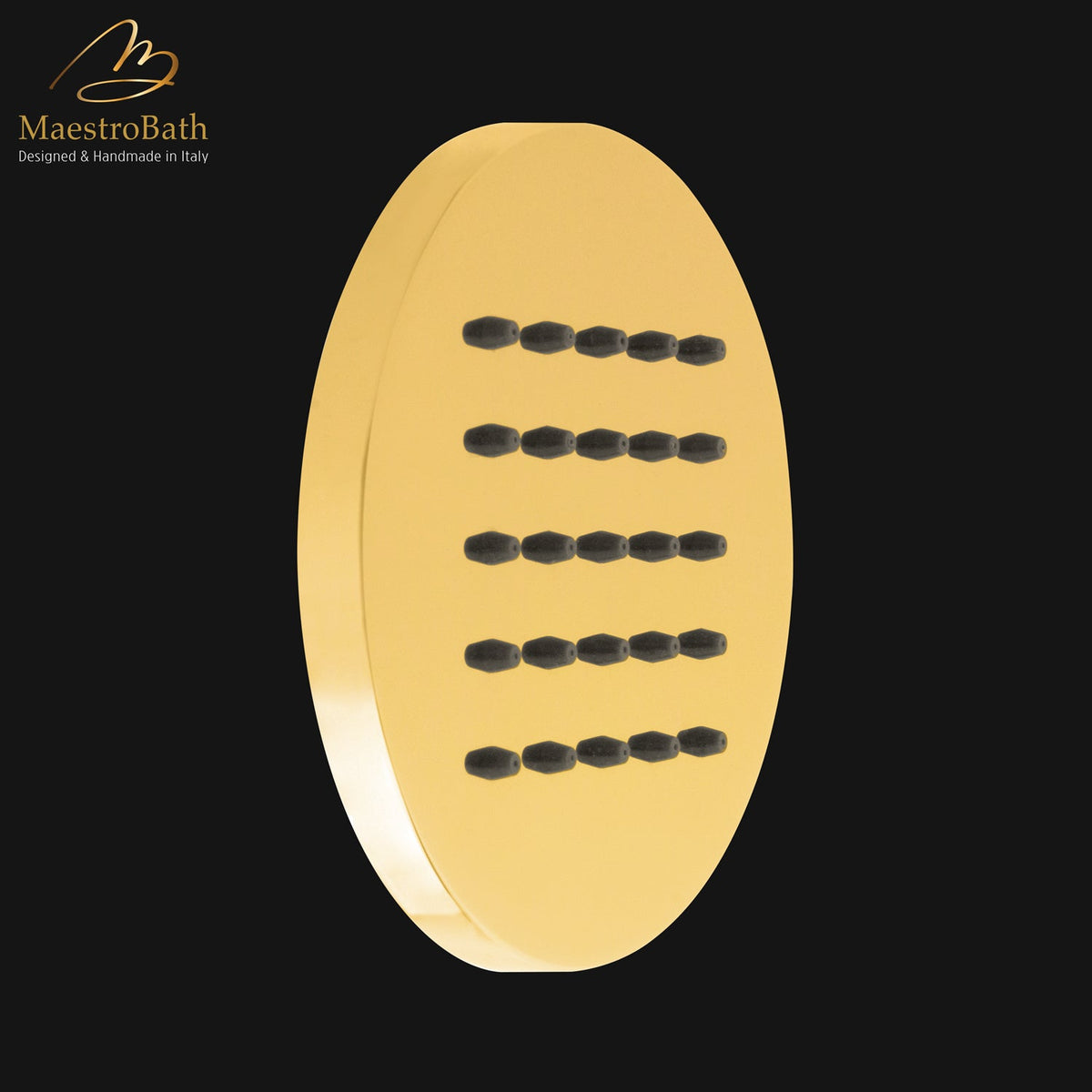 Wall mounted round brass lateral body jet, shown in polished gold, 3.9 inch by 3.9 inch, made of solid brass