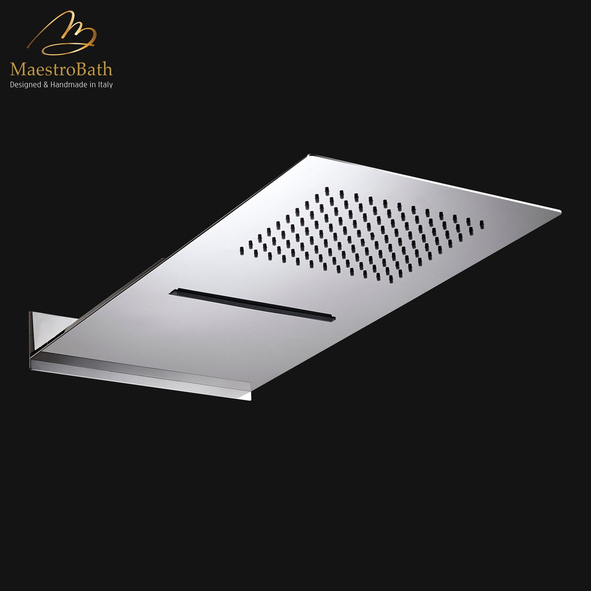 Brass shower head, shown in polished chrome, 18.8 inch by 9.8 inch, made of solid brass