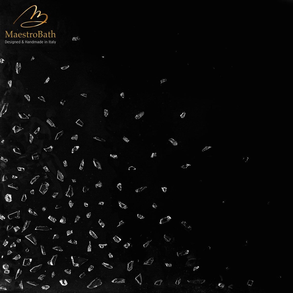Murano glass tile, shown in black, 23.6 inch by 23.6 inch per panel