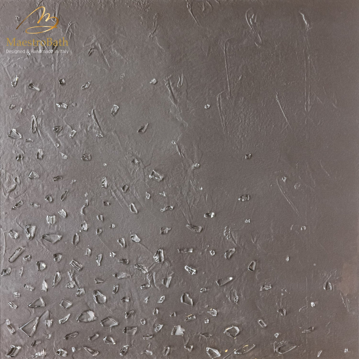 Murano glass tile, shown in silver and bronze, 23.6 inch by 23.6 inch per panel