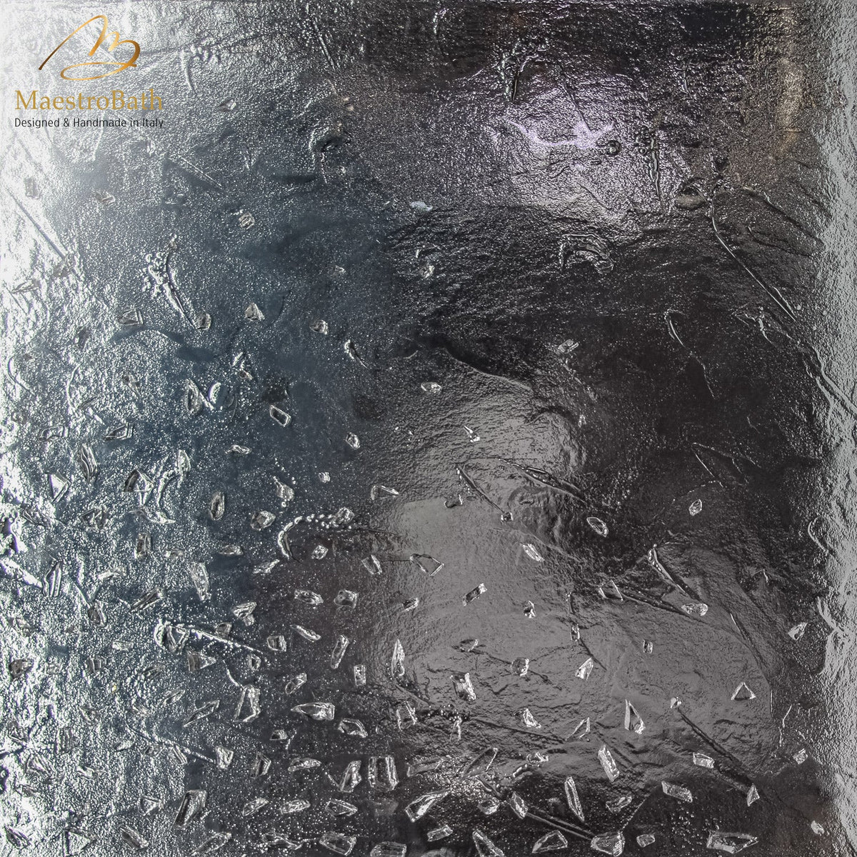 Murano glass tile, shown in gray-smoke and silver, 23.6 inch by 23.6 inch per panel