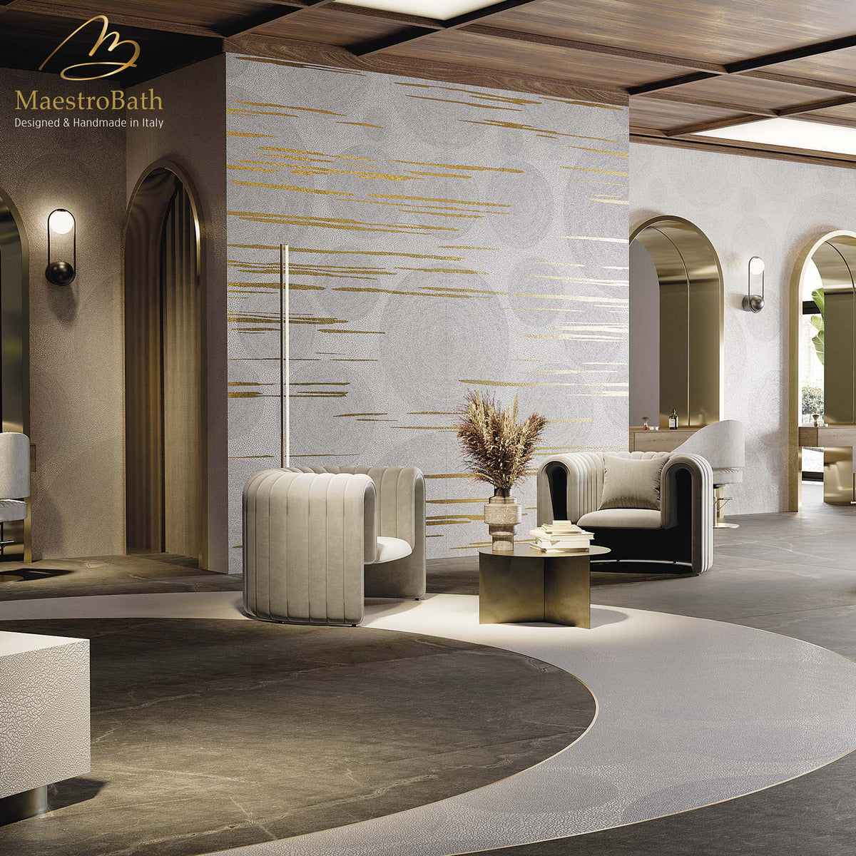 Hyams Luxury Tile, shown in white and gold, 125.9 inch by 62.9 inch per panel