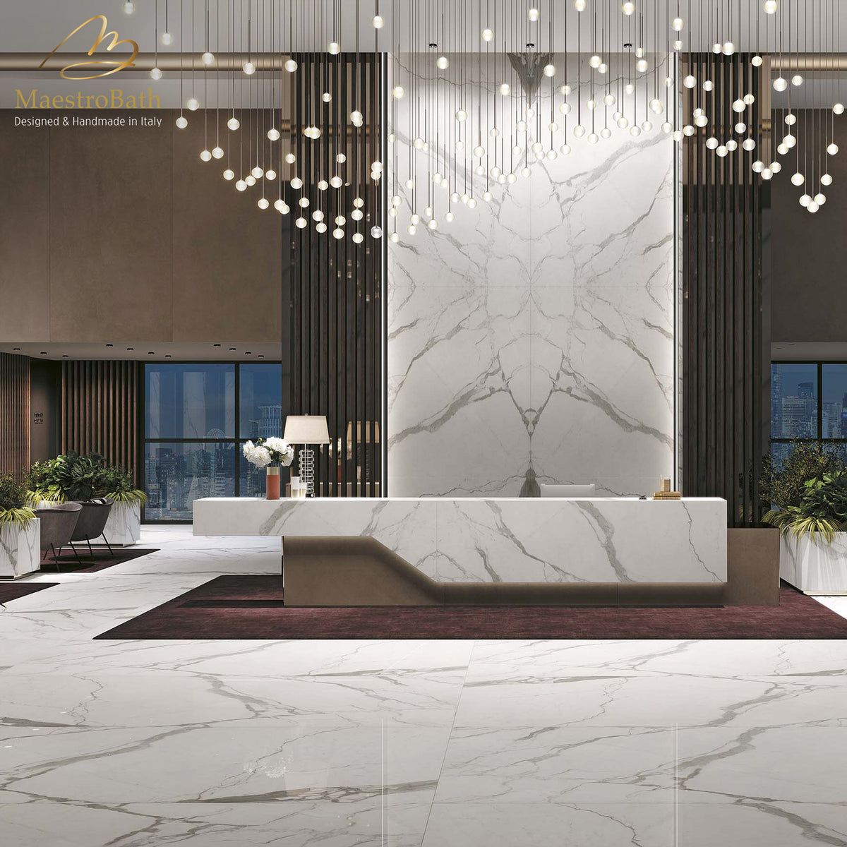 Statuario Luxury Tile, shown in white, 125.9 inch by 62.9 inch per panel