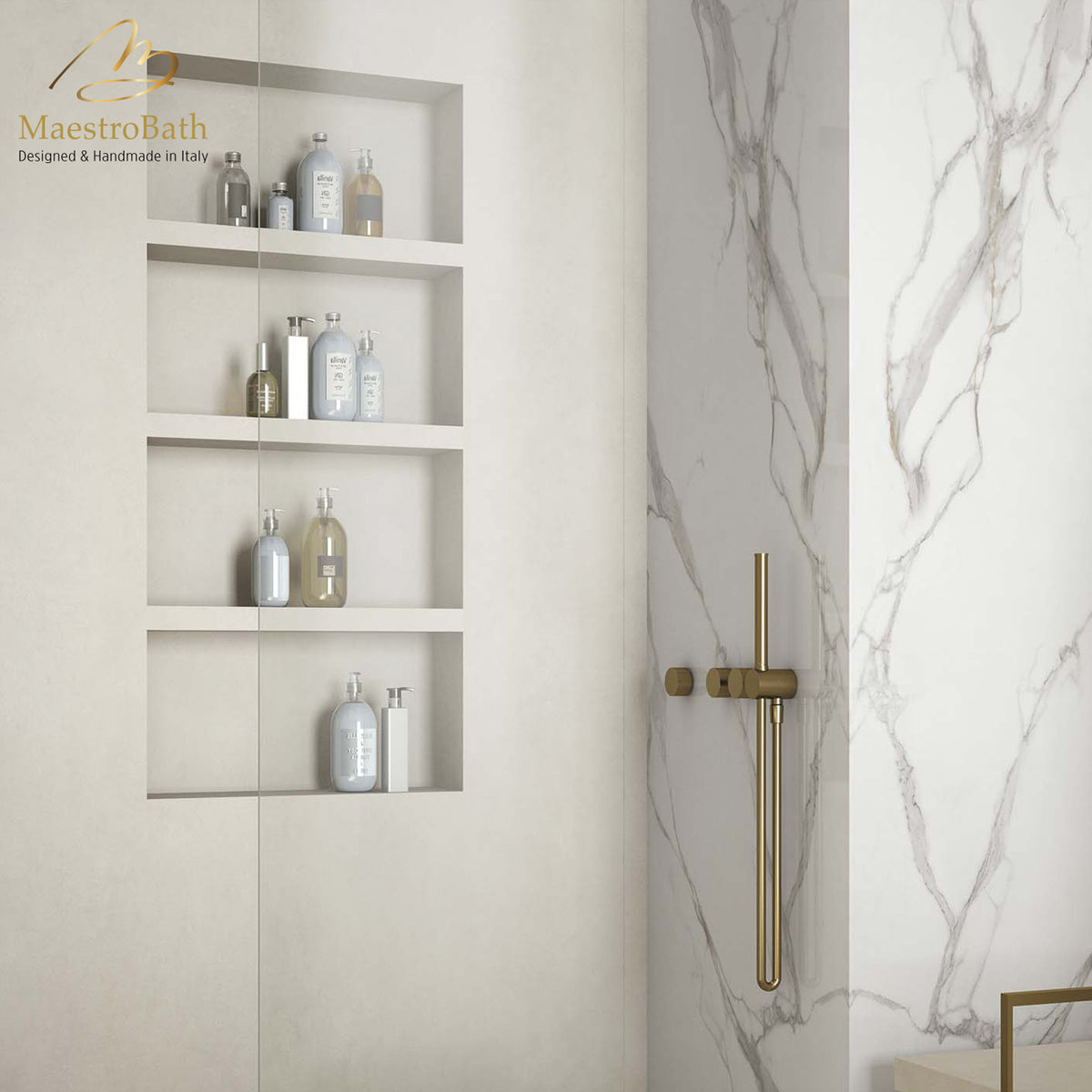 Calacatta Luxury Tile, shown in white, 125.9 inch by 62.9 inch per panel
