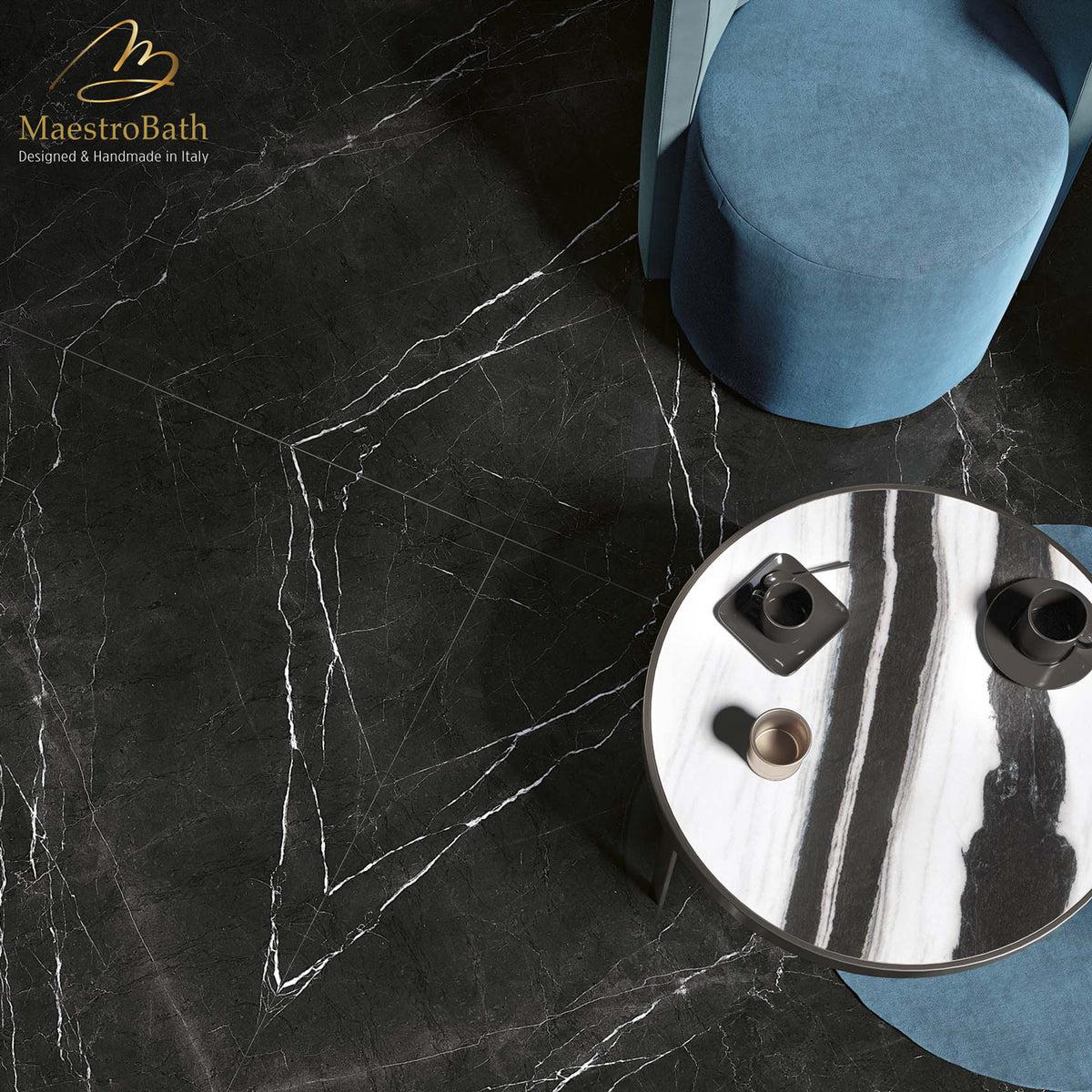Nero Marquina Luxury Tile, shown in black, 125.9 inch by 62.9 inch per panel