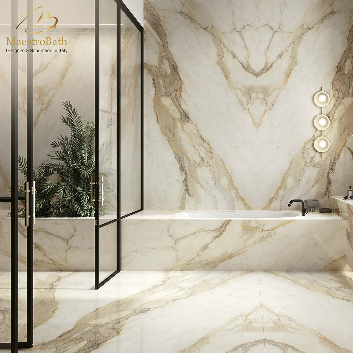 Calacatta Luxury Tile, shown in white and gold, 125.9 inch by 62.9 inch per panel