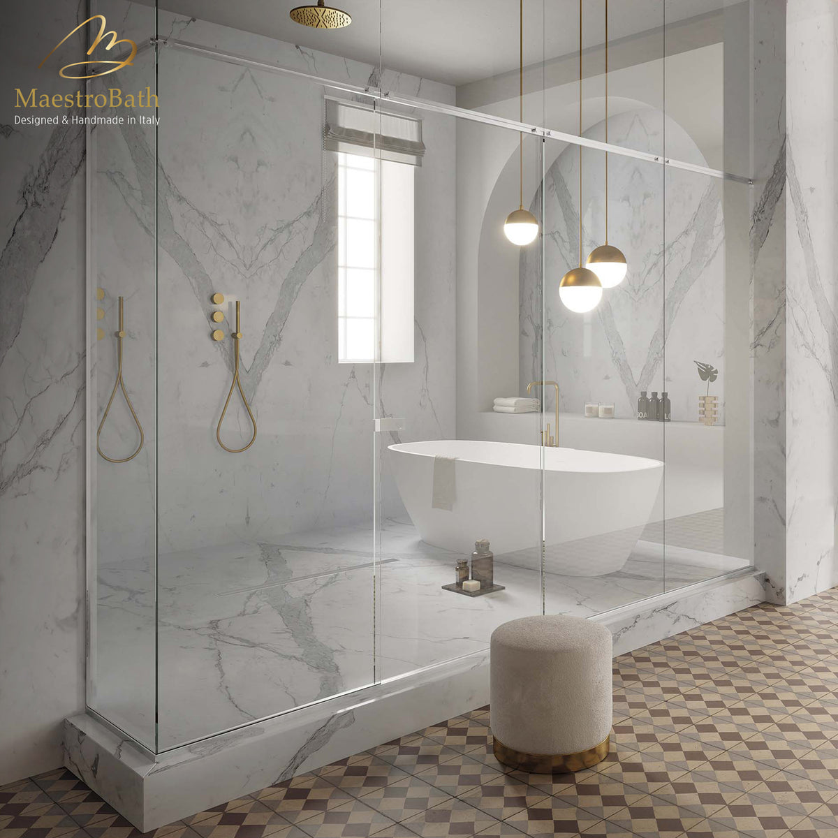 Porcelain tile, shown in white, 125.9 inch by 62.9 inch per panel