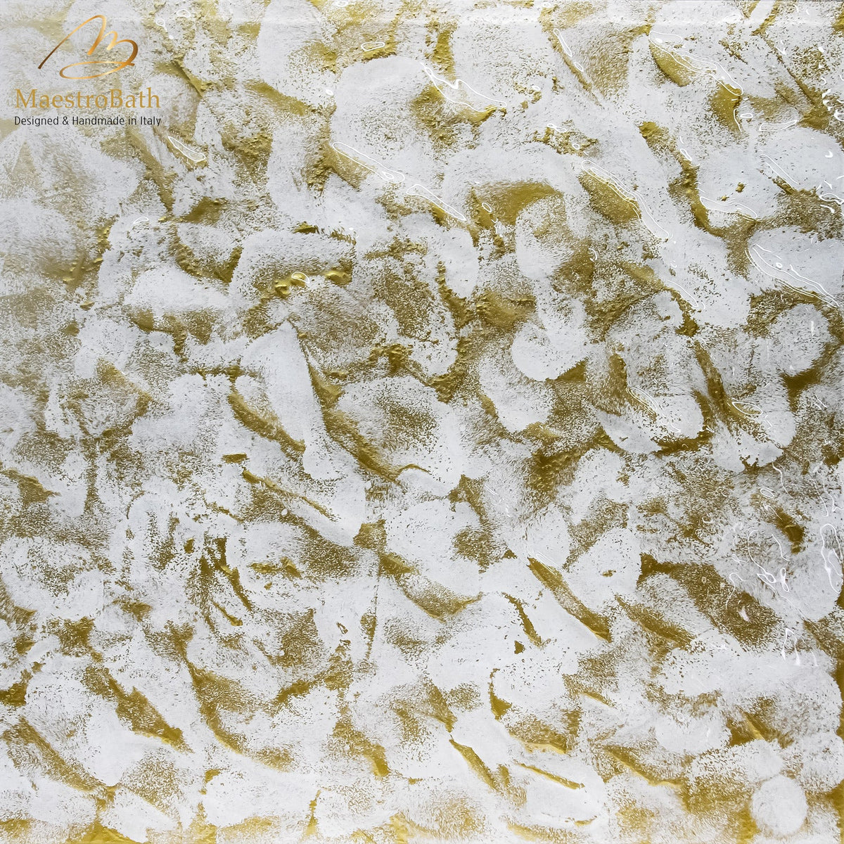 Murano glass tile, shown in white and gold, 23.6 inch by 23.6 inch per panel