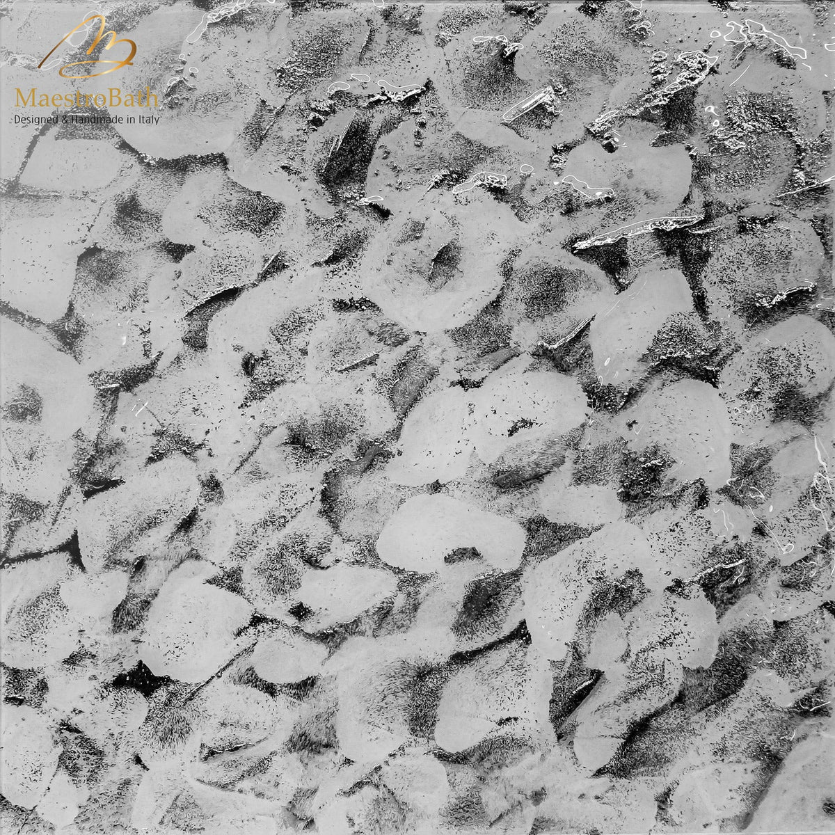 Murano glass tile, shown in white and silver, 23.6 inch by 23.6 inch per panel