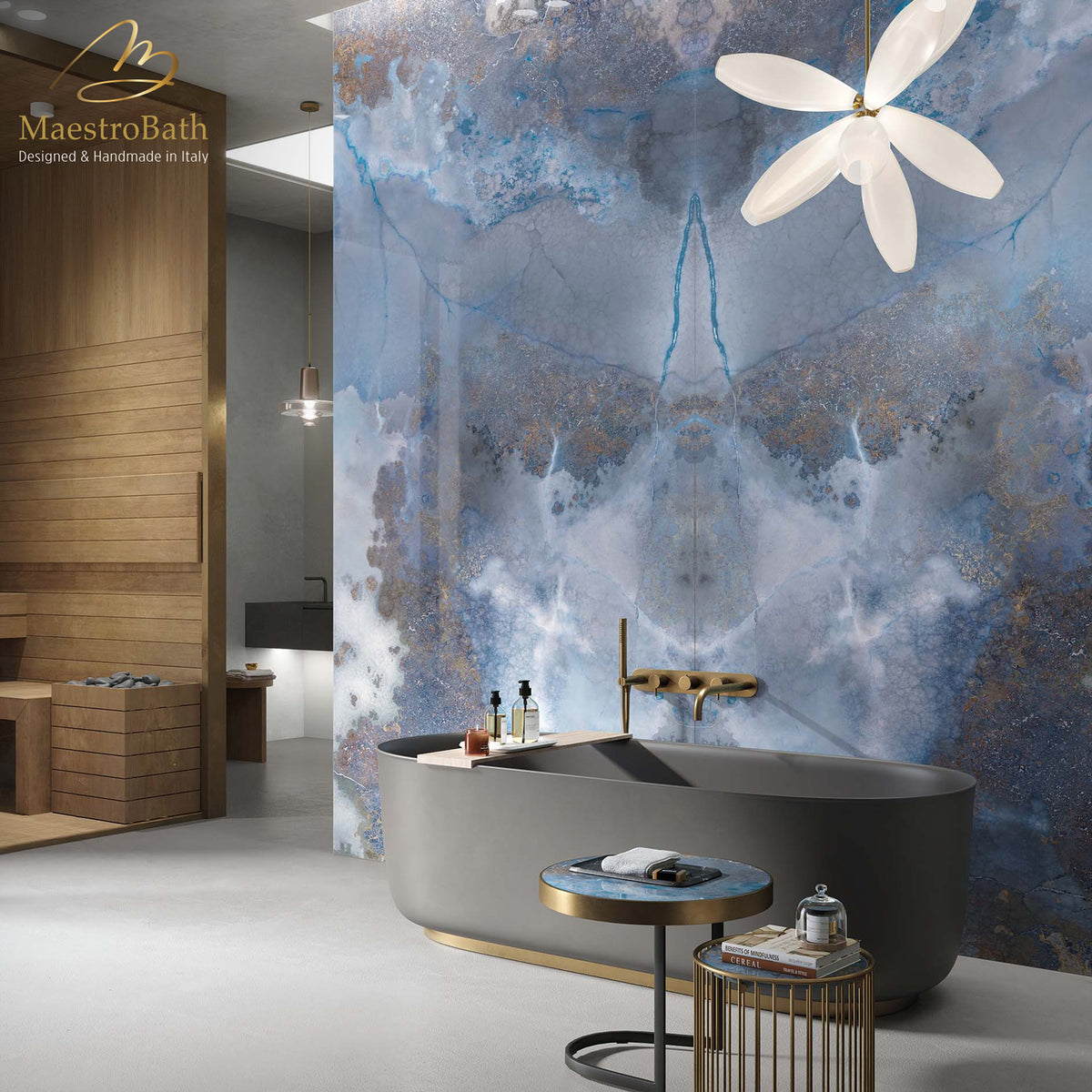Thunderstorm Luxury Tile, shown in blue, 125.9 inch by 62.9 inch per panel