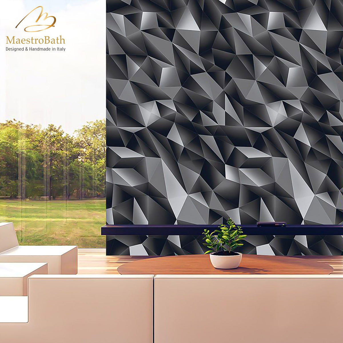 Polygon Luxury Tile, shown in black, 62.9 inch by 31.4 inch per panel
