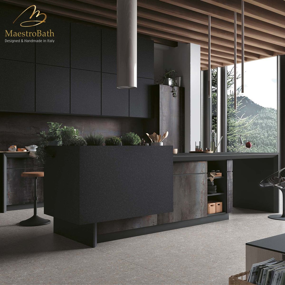Nero Granite Luxury Tile, shown in black, 125.9 inch by 62.9 inch per panel