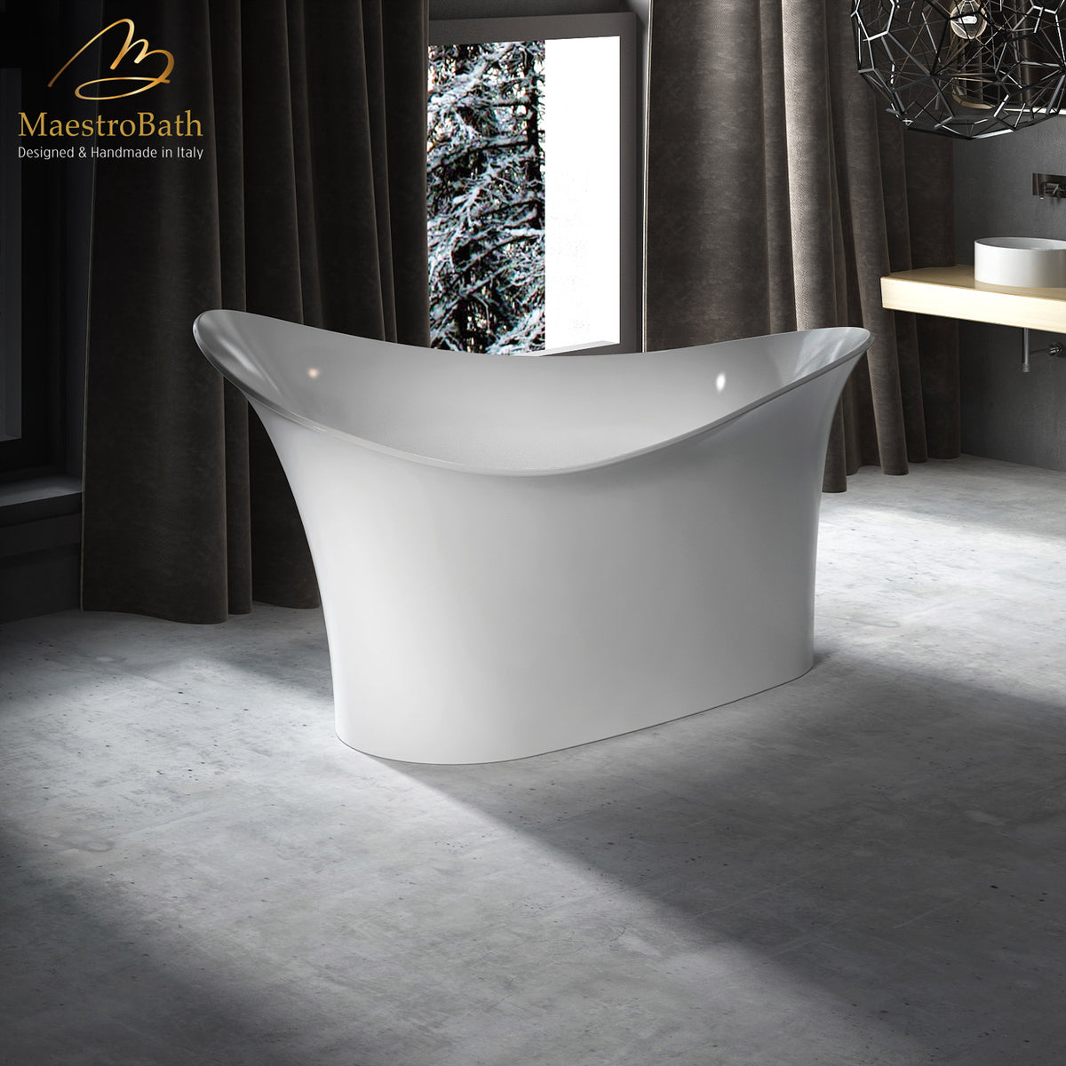 Freestanding resin bathtub, shown in white, 68.8 inch long by 32 inch wide and 27 inch high, made of fiberglass and resin