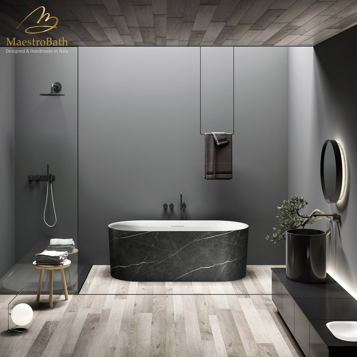 Freestanding resin bathtub, shown in grey, 65.3 inch long by 30.7 inch wide