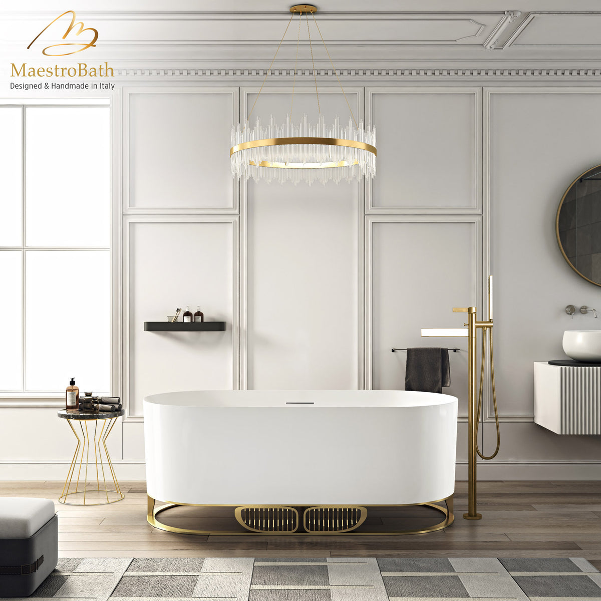 Elevate Luxury Freestanding Bathtub, shown in white and gold, 65.3 inch long by 30.5 inch wide and 25.1 inch high