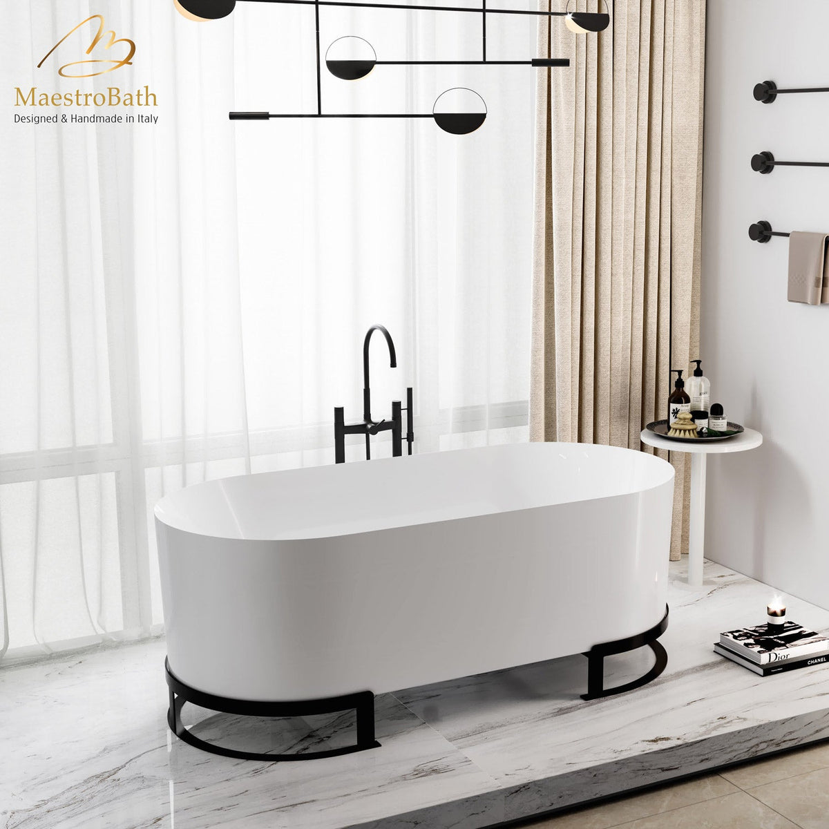 Freestanding resin bathtub, shown in white, 65.3 inch long by 30.5 inch wide and 25.1 inch high, made of fiberglass and resin