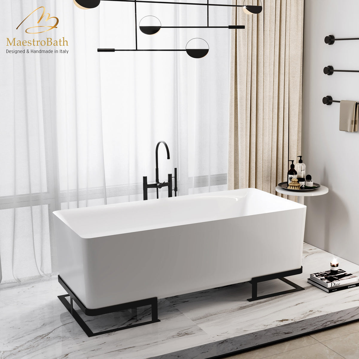 Freestanding resin bathtub, shown in white, 65.3 inch long by 30.5 inch wide and 25 inch high, made of fiberglass and resin
