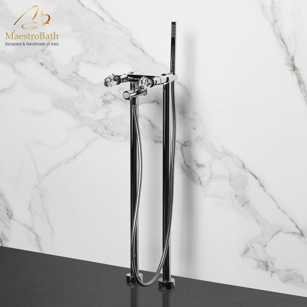 Brass tub filler, shown in polished chrome, 6.7 inch by 5.9 inch by 32.2 inch, made of solid brass