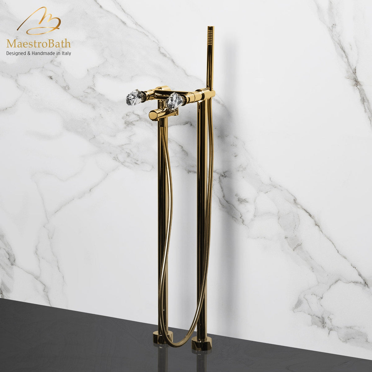 Brass tub filler, shown in polished gold, 6.7 inch by 5.9 inch by 32.2 inch, made of lead-free brass