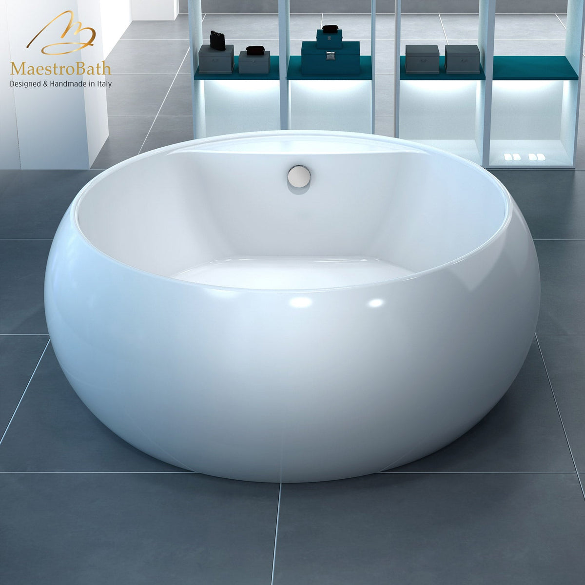 Freestanding round resin bathtub, shown in white, 61 inch long by 61 inch wide and 23.6 inch high