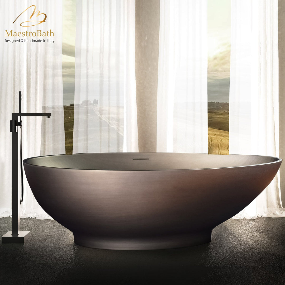Freestanding resin bathtub, shown in bronze, 69 inch long by 32.4 inch wide and 22.2 inch high, made of fiberglass and resin