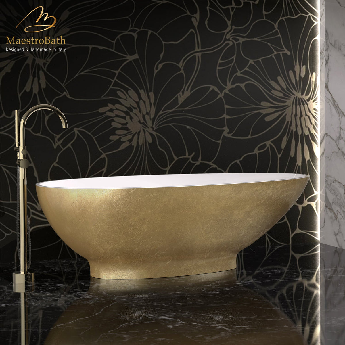 Freestanding resin bathtub, shown in gold, 70.8 inch long by 33.4 inch wide and 22.9 inch high, made of fiberglass and resin