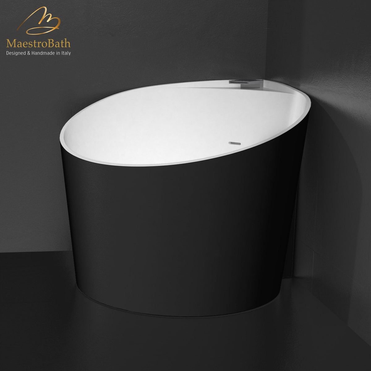 Freestanding resin bathtub, shown in black, 43.7 inch long by 37.3 inch wide and 29.9 inch high, made of fiberglass and resin